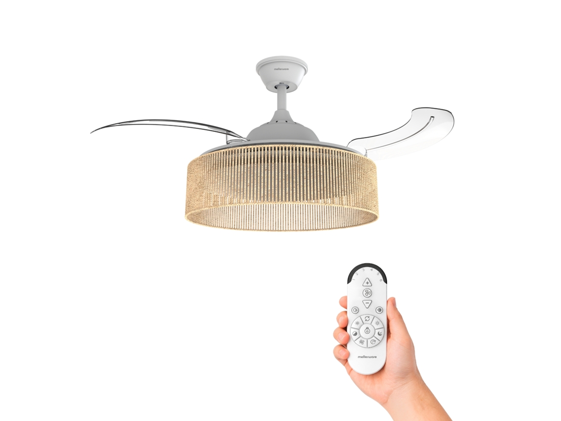 Mellerware - Ventoinha De Teto Led Regulável Brizy Bright Rattan Sand, Acolhedora, Verão/inverno, Temporizador 8h, Até 25 M², Para Tetos Inclinados