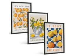 Quadros Decorativos Para Parede Frutas Cítricas Amarelas Retrô Moldura Preta Quadros Para A Sala De Estar Espelharte (3 Piezas De 40x60 Cm)