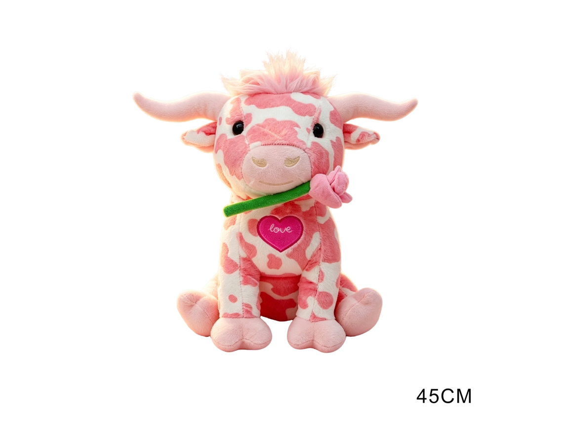 Pelúcia, uma vaca das Terras Altas rosa de 45 cm, oferece laxantes para festas, Natal e Halloween.
