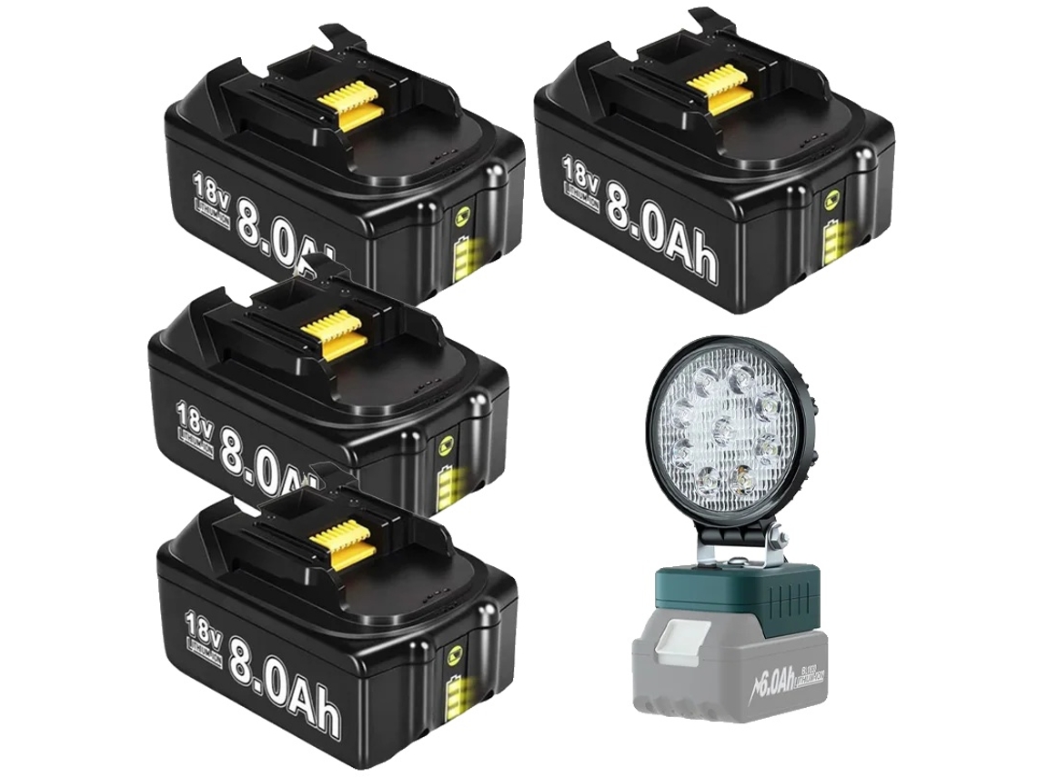 Bateria para ferramenta elétrica, capacidade de 8000 mAh, compatível com BL1830, 4 baterias de 8 Ah, 1 luz de trabalho OEM