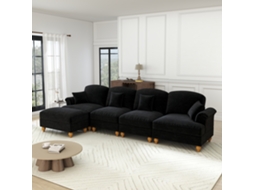 Sofá Modular L 4 Lugares Chenille, Braços Cónicos, Saia Removível, Pés Torneados, Pufe Preto MOBRIO