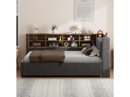 Cama Dia Estofada 90x200 Cm Em Veludo Com Compartimento Hidráulico, Luz Noturna, Usb C, Prateleiras E Estrado, Cinza Escuro
