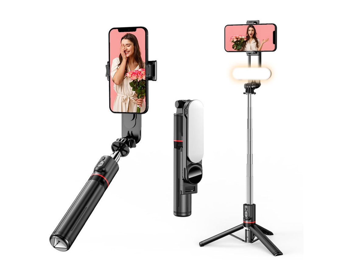 Suporte Estável Para Selfie Com Luz De Preenchimento, Bastão De Selfie Extensível De 112 Cm Com Controle Remoto Sem Fio E Suporte Com Rotação De 360°