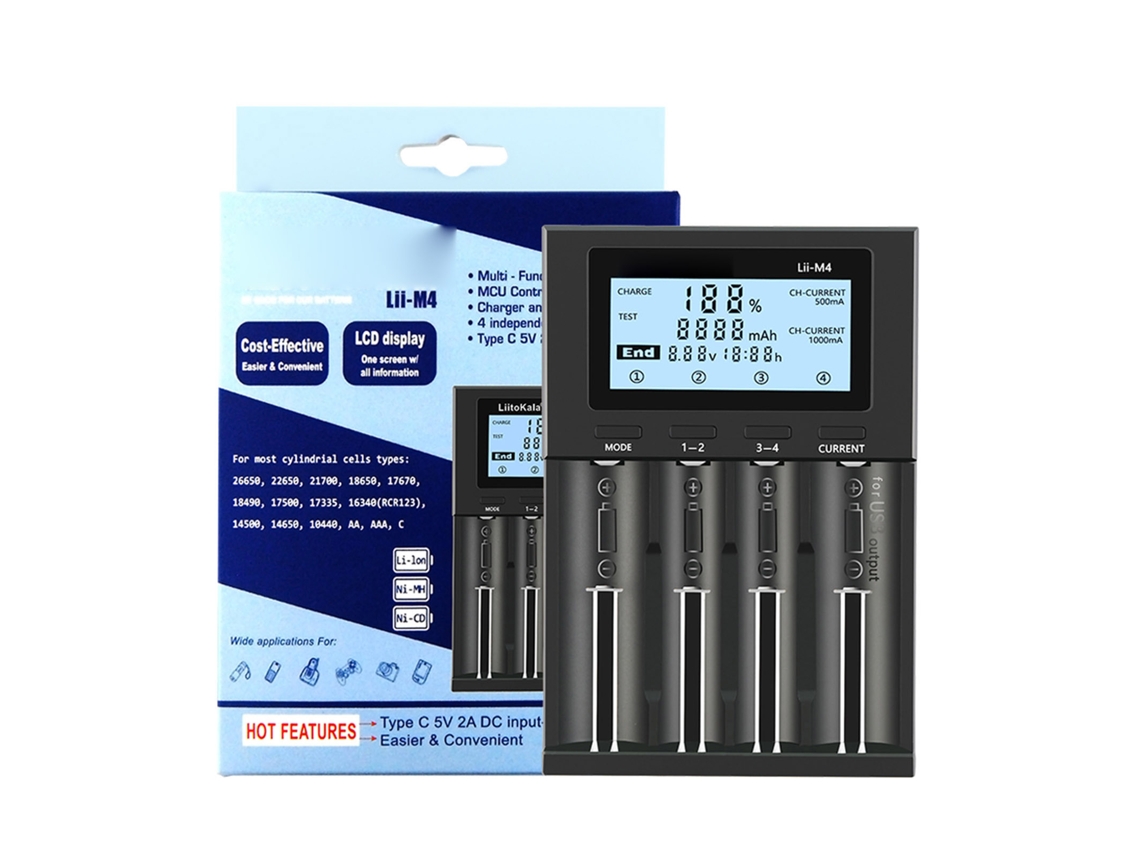 Cargador de Baterías Inteligente Liitokala Lii m4 de 4 Ranuras Con Pantalla Lcd para Baterías de Litio, Nimh, 26650, 14500, Aa Y Aaa.