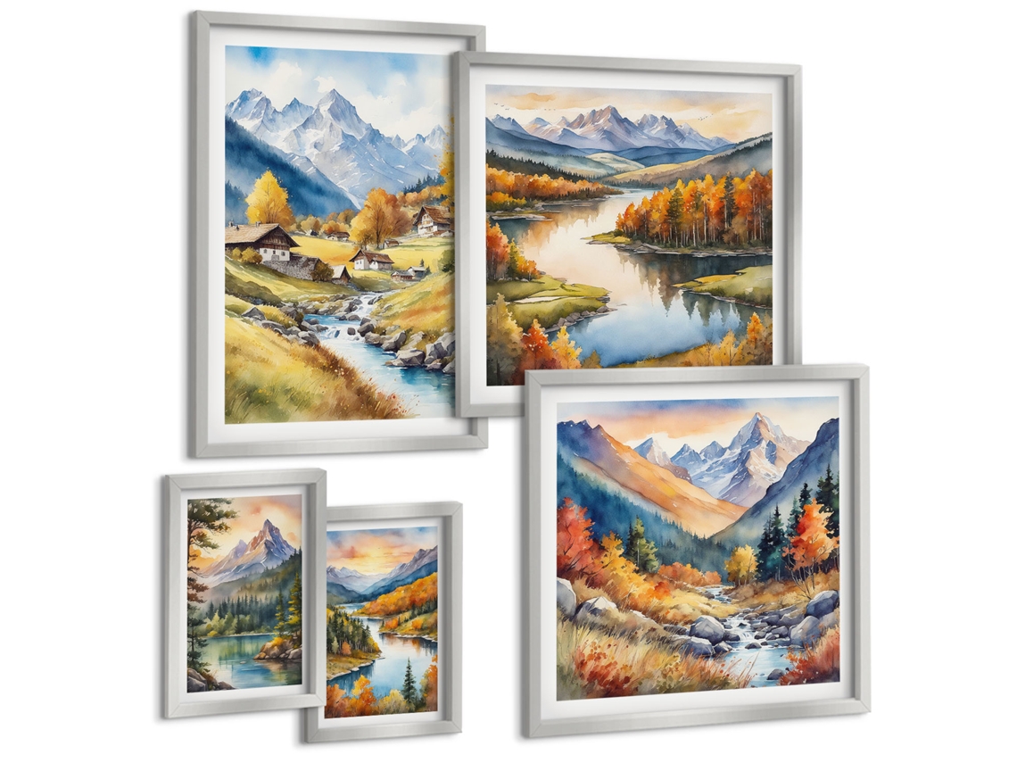 Conjunto De Pinturas Paisagens De Montanhas Rios Florestas Espelharte (5 Peças)