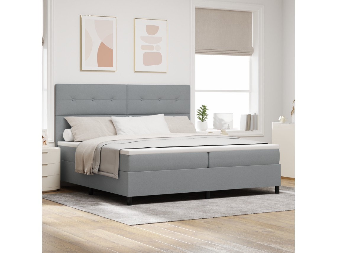 Cama Com Estrado E Colchão Com Luz Led Em Cinza, 200x200 Cm De Tecido