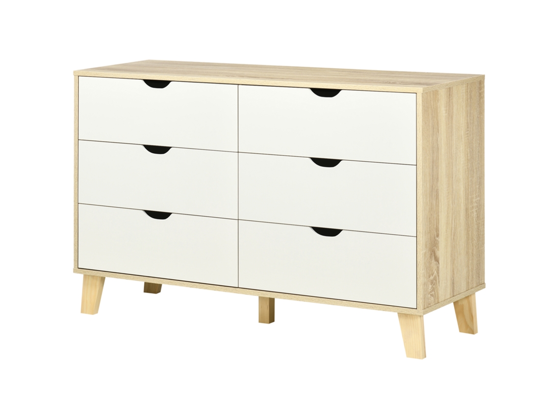 Cómoda 6 Gavetas Pés Elevados Anti tombo 120x40x76cm Branco e Madeira | S/MARCA