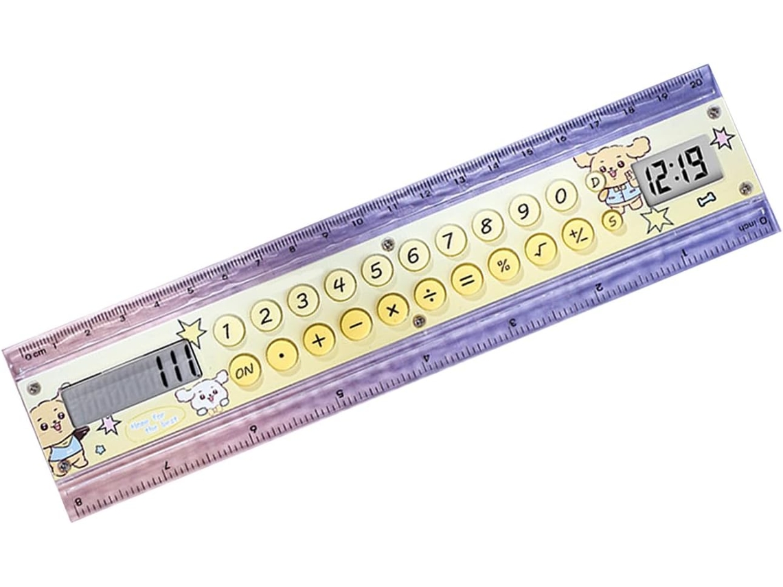 Calculadora com régua para sala de aula, relógio LCD, escala de medição de 15 cm, 5,9 polegadas e visor de 8 dígitos.