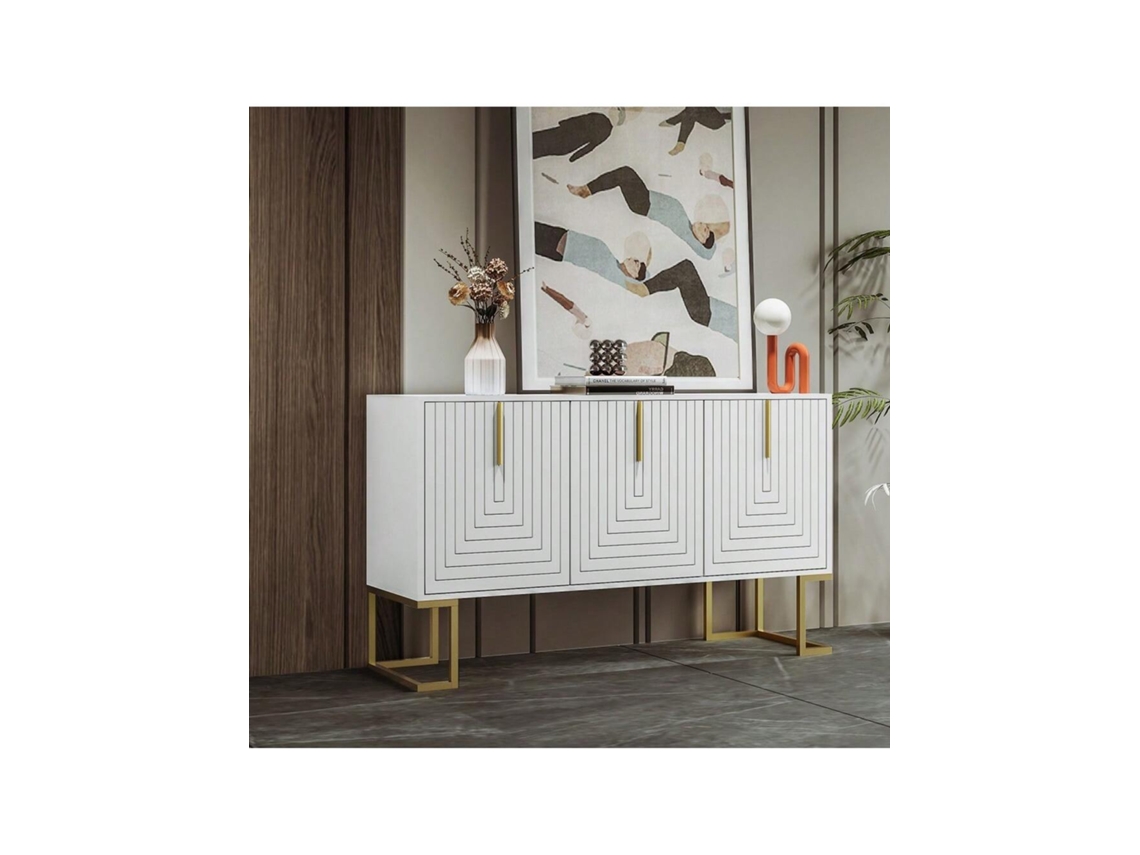 Aparador moderno e elegante de 3 portas com prateleiras ajustáveis, portas em U, puxadores e pés de metal para sala de jantar e cozinha Ehstmind (branco)