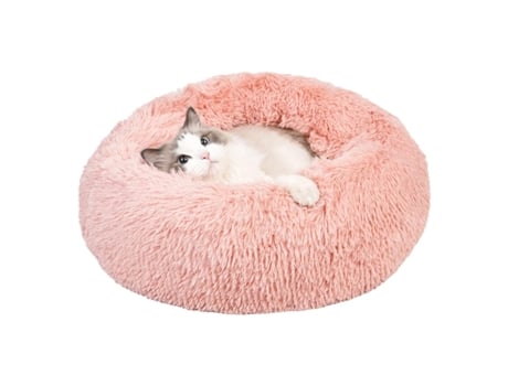 Cama Redonda Donut Para Cão, Gato de Pelúcia Calmante Confortável Dormir Tapete Cesta Rosa 60cm Rnemitery