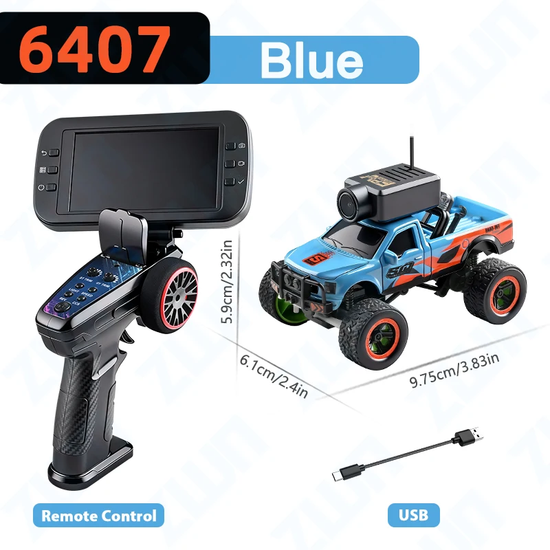 (azul) Mini Carro De Vídeo Controlado Remotamente, Escala 1:64, Giroscópio 2.4g, Tração Nas Quatro Rodas, Câmera Fpv.