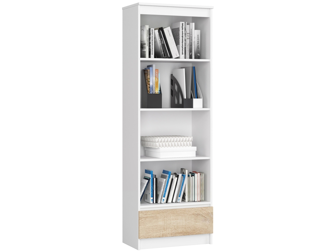 Estante Akord R60 Branco, 60 Cm, 1 Gaveta, Frente Na Cor Carvalho Sonoma, 4 Prateleiras, 60 × 35 × 180 Cm