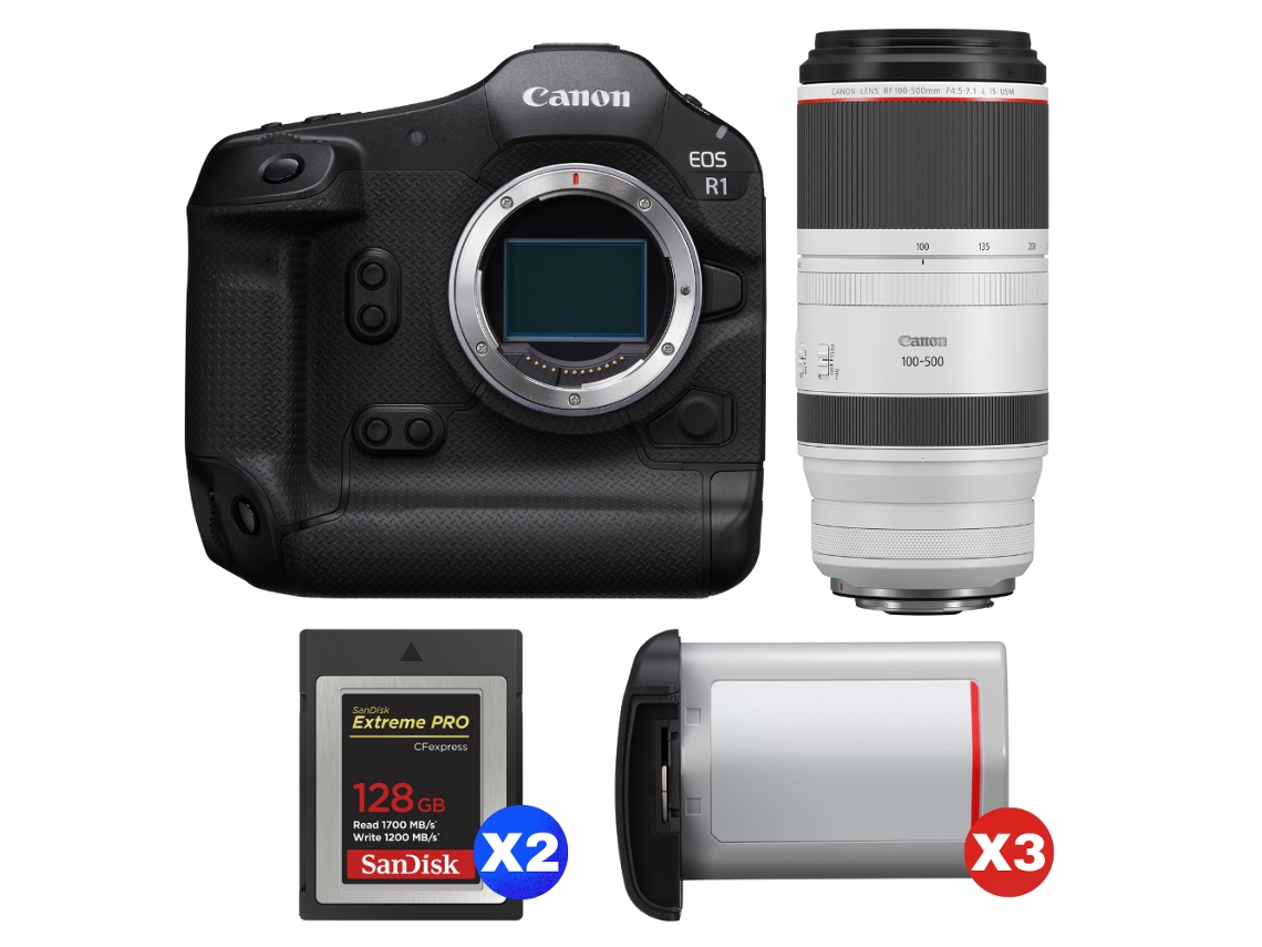 Eos R1 + Rf 100 500mm F/4.5 7.1 L Is Usm + 2 Sandisk 128gb Extreme Pro Cfexpress Type B + 3 Canon Lp e19 + Ebook Pricedirect CANON