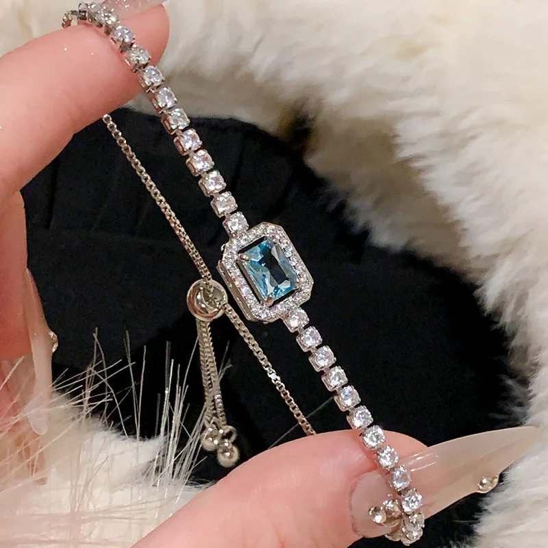 Pulseira Quadrada Azul Com Zircônias E Strass, Ideal Para Festas, Casamentos E Noivas.