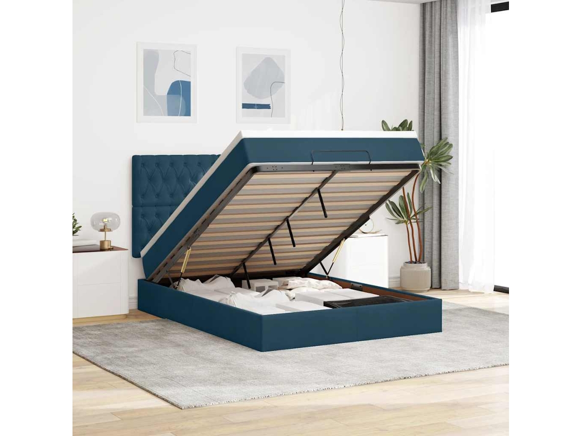 Vidaxl Estrutura Cama Otomana Colchões 140x190 Cm Veludo Azul Escuro