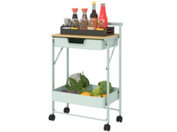 Carrinho Auxiliar Com Rodas De 2 Níveis De Cozinha Com 1 Gaveta E 1 Cesto Organizador 45x29,5x68 Cm Verde Claro