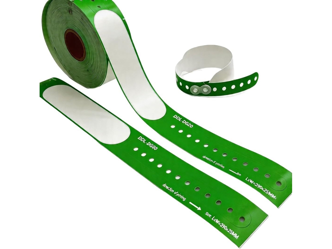 Pulseira médica descartável, com 100 listras verdes, impressa termicamente EA Quente, para identificação do paciente.