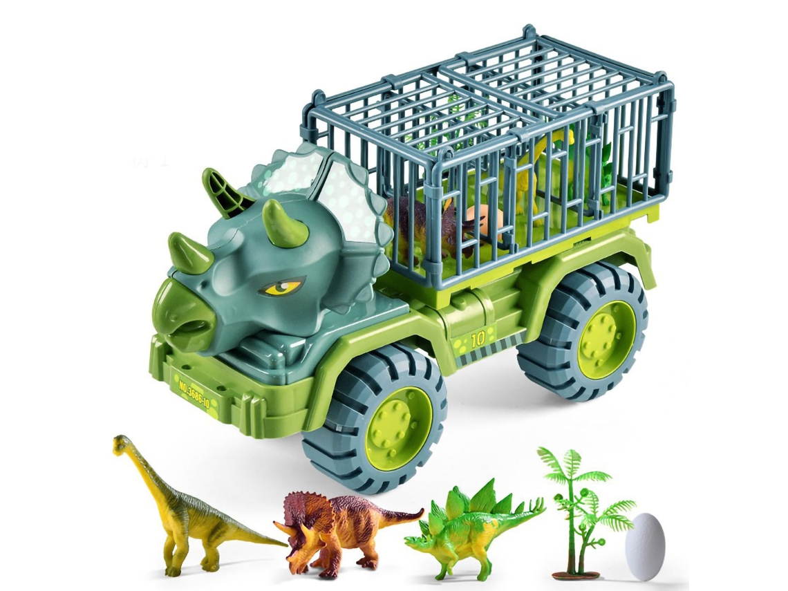 Ats brinquedo Caminhão Transportador de Dinossauros com 3 Dinossauros, Ovo e Árvore, Resistente a Quedas, Portas Móveis, Presente para Crianças