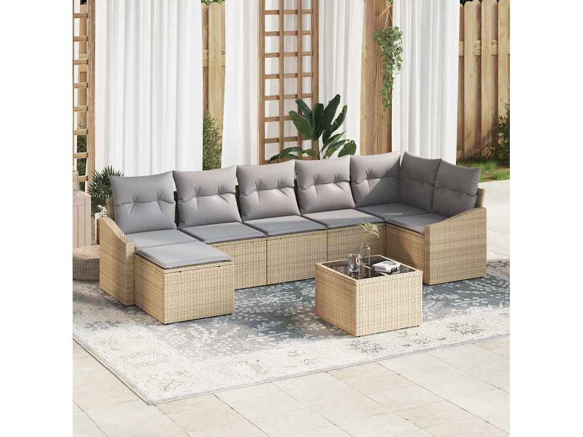 Vidaxl Conjunto de Sofás com Almofada 8 Pcs Bege Vime Pe