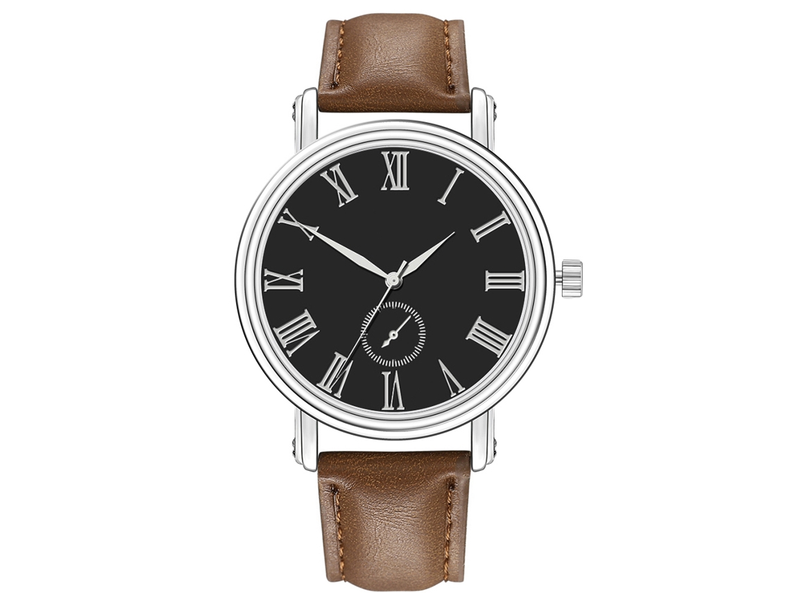 Relógio masculino de quartzo com pulseira de couro sintético, estilo casual, marrom escuro/preto.