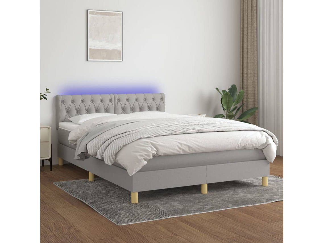 Cama box spring c/ colchão e LED 140x200 cm tecido cinza-claro