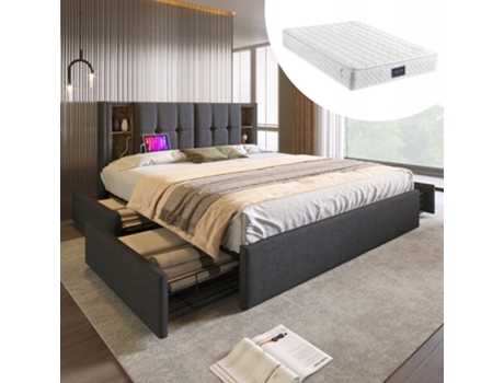 Cama De Casal Arhatreya Com Carregamento Sem Fio E 4 Gavetas (160x200 Cm Cinza)