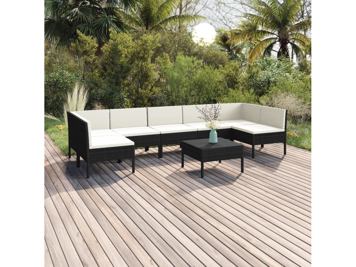 Vidaxl 8 Pcs Conjunto Lounge De Jardim C/ Almofadões Vime Pe Preto