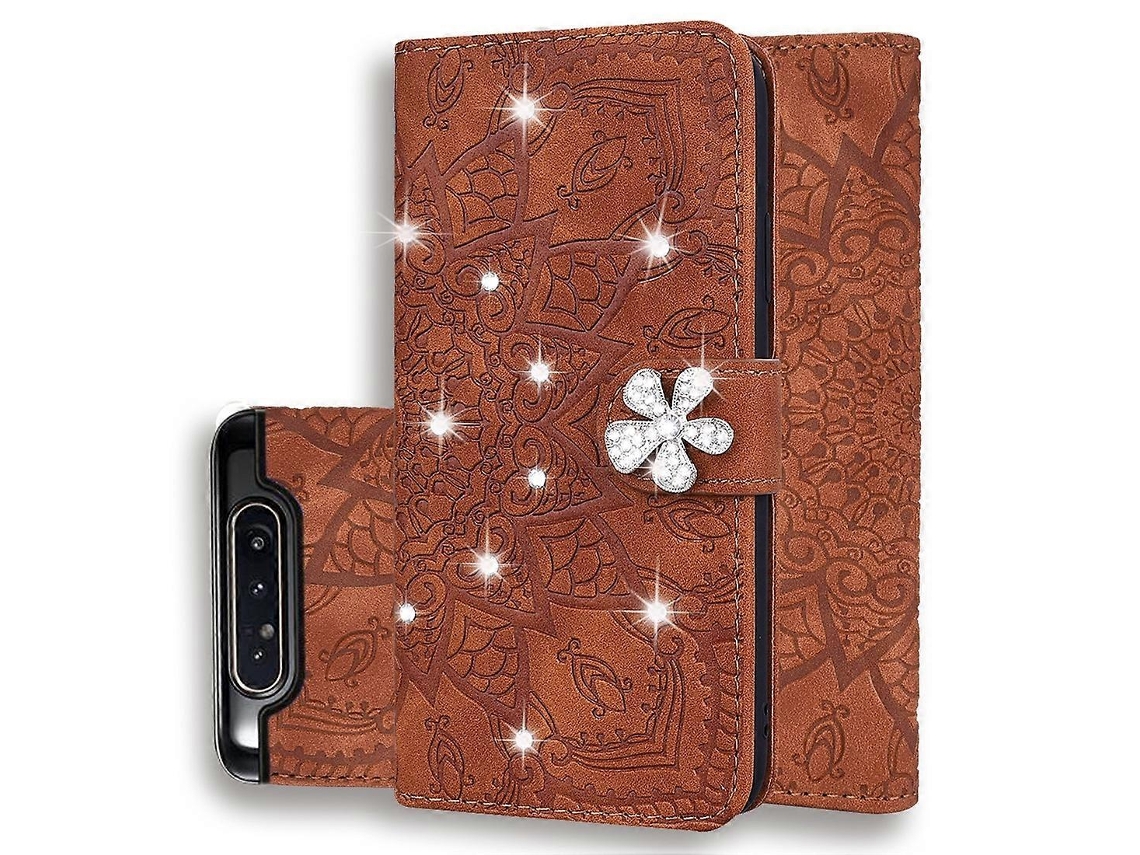 Capa De Couro Texturizado Com Padrão De Diamante E Mandala, Design Dobrável Duplo, Com Carteira, Suporte E Compartimentos Para Cartões Para Galaxy A80