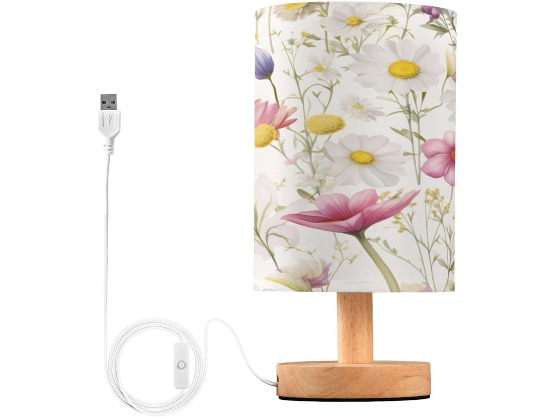 Luminária De Cabeceira Led Com Portas Usb Leitura Mesa Para Quarto Cúpula Tecido E Base Madeira Escritório Dormitório