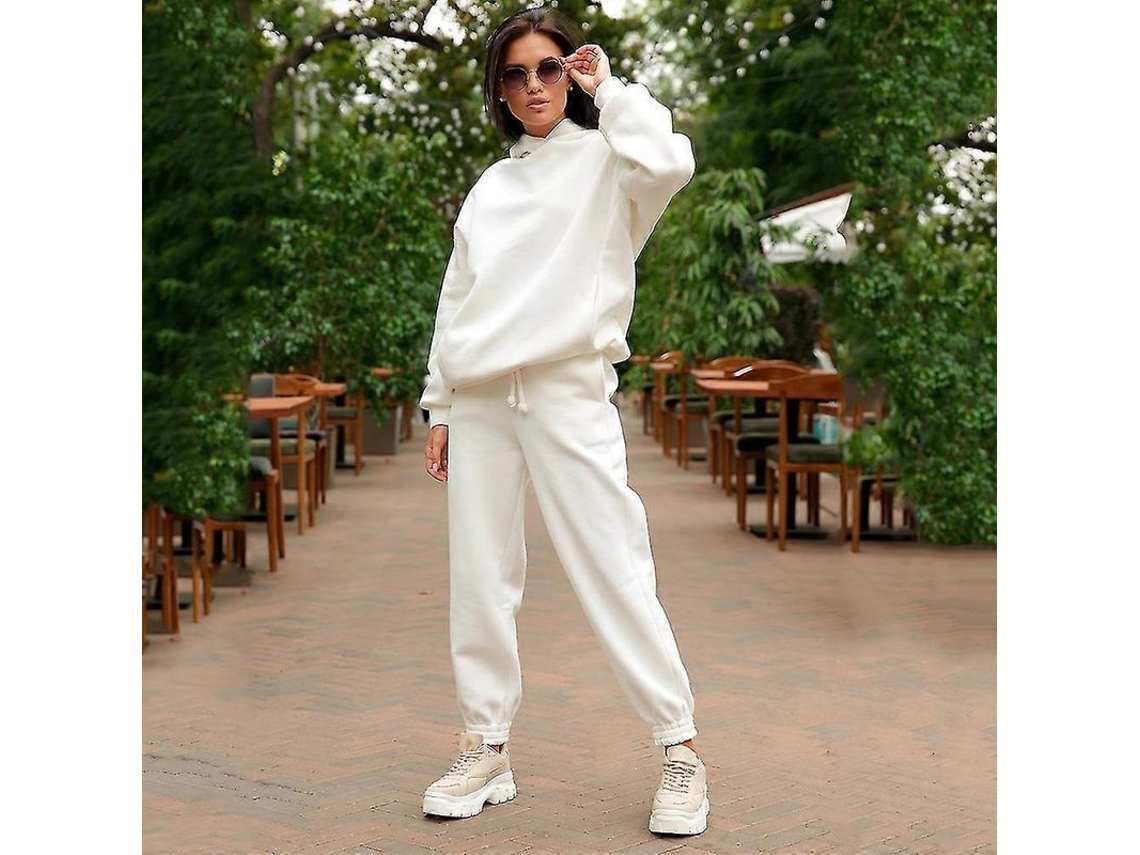 Conjunto De Moletons Feminino 2 Peças Com Capuz E Calça De Moletom Para Treino E Lazer Branco