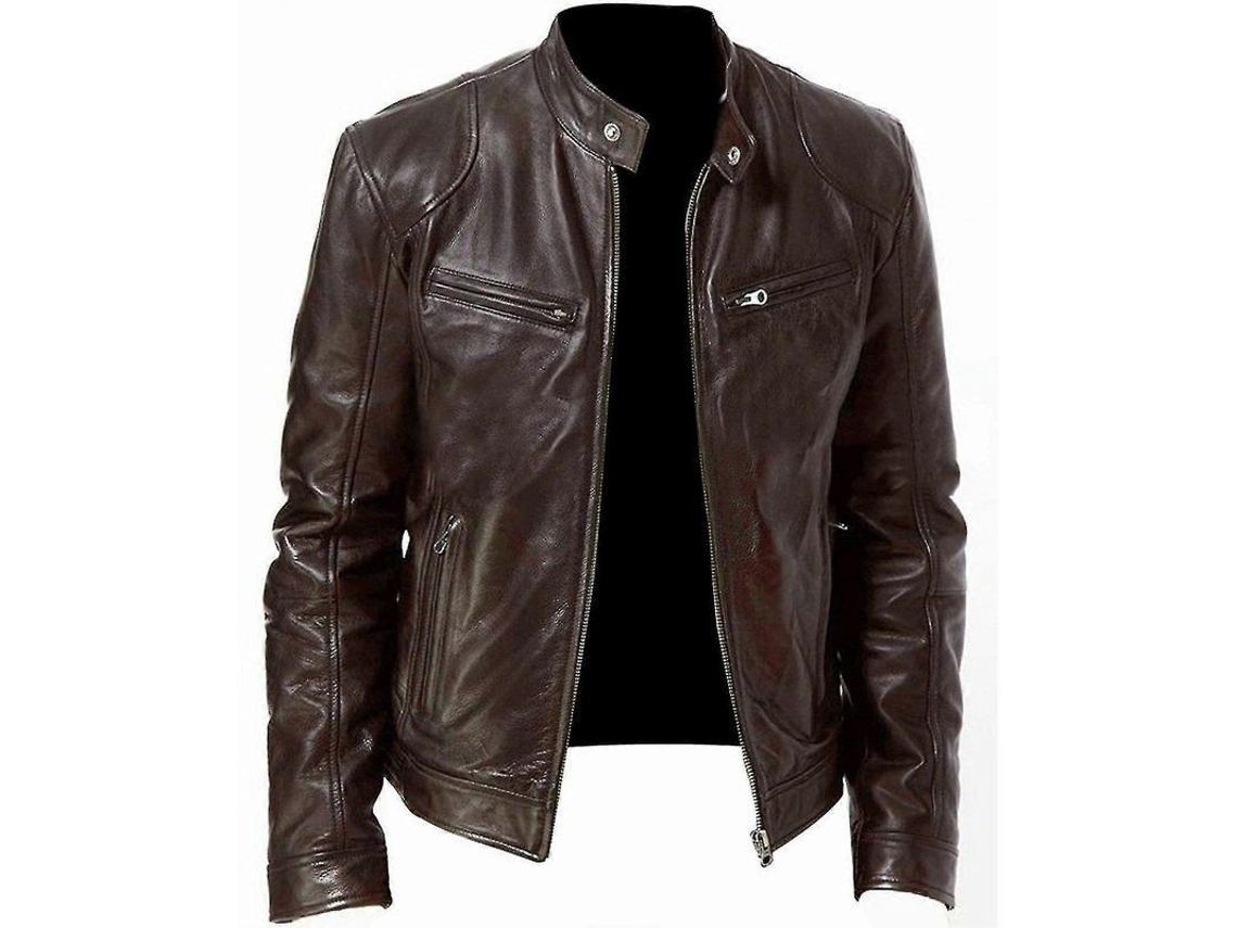 Chaqueta De Cuero Casual Para Hombre Cremallera Delantera Abrigo Vintage Para Trabajo Conducción Viaje Café M Marrón