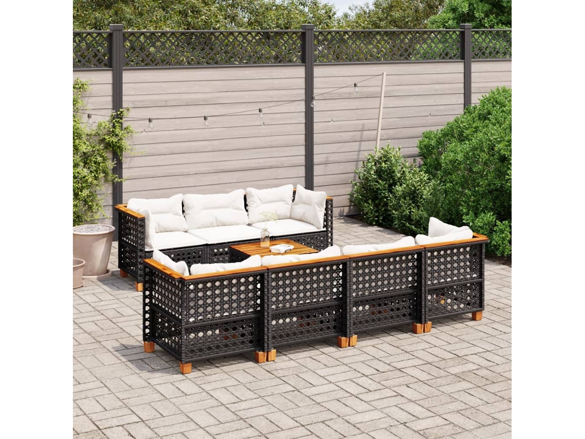 Vidaxl 8 Pcs Conjunto Sofás De Jardim Com Almofadões Vime Pe Preto