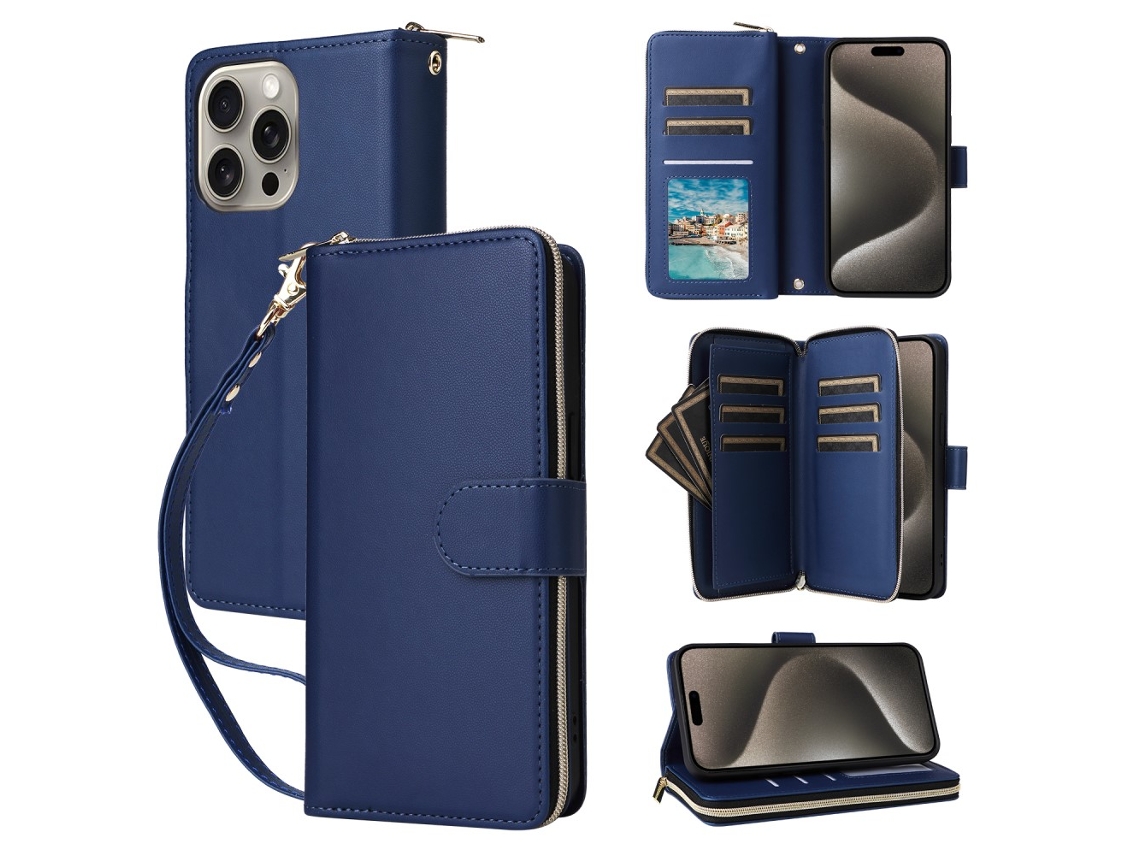 Capa Para Iphone 15 Pro Max Pele Sintética Com Porta-cartões Azul