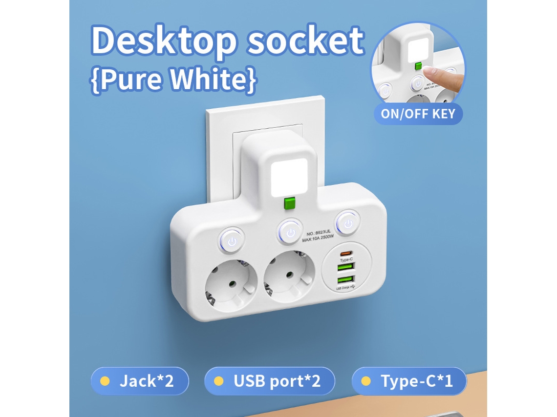 Fio De Extensão2 Tomadas® 2 Usb E 1 Type‑c Interruptor Independentecom Luz Noturnabrancoczhhmart