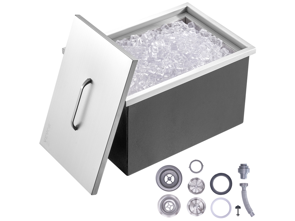 Caixa de Gelo VEVOR 22 C X 17 L X 12 H Refrigerador de Gelo de Aço Inoxidável Caixa de Gelo Comercial com Tampa