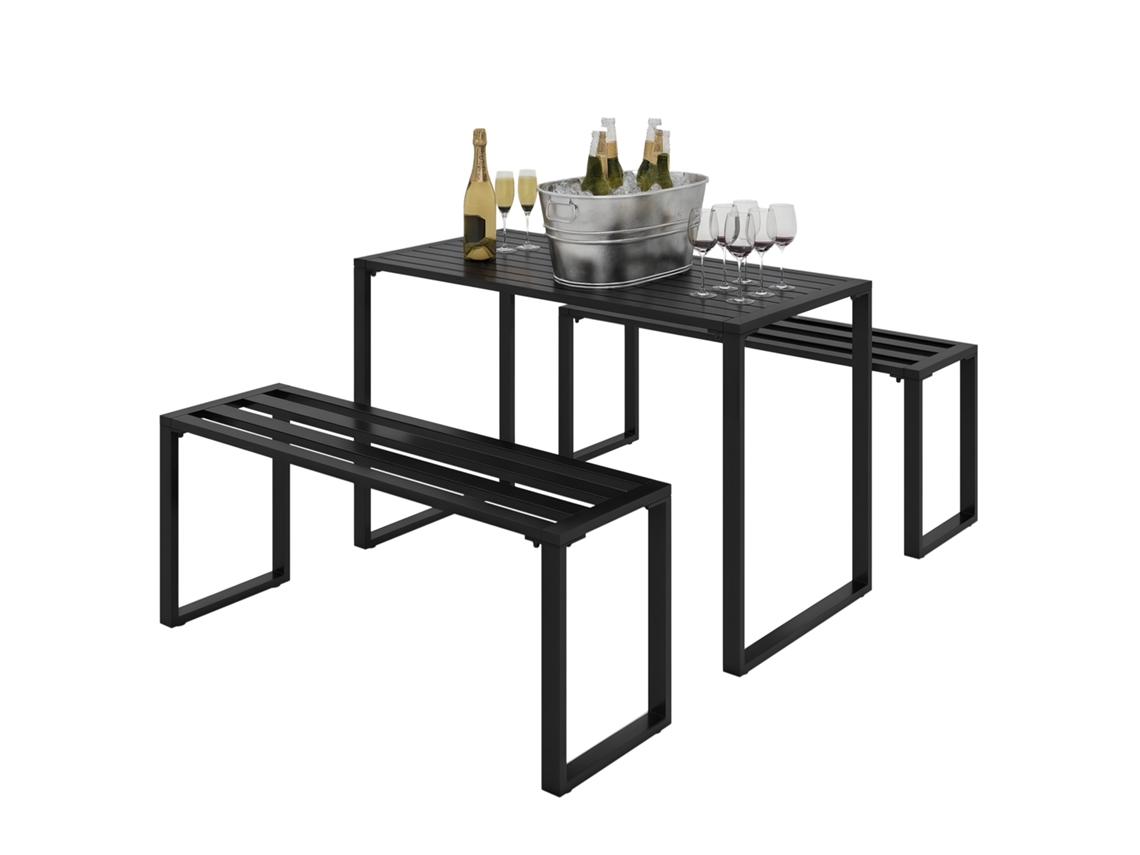 Conjunto de Jardim para 4 Pessoas. 1 Mesa e 2 Bancos. Metal. Preto Ge