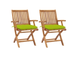 Vidaxl Conjunto De 2 Cadeiras Dobráveis Com Almofadas Verde-claras Em Madeira Maciça De Teca.