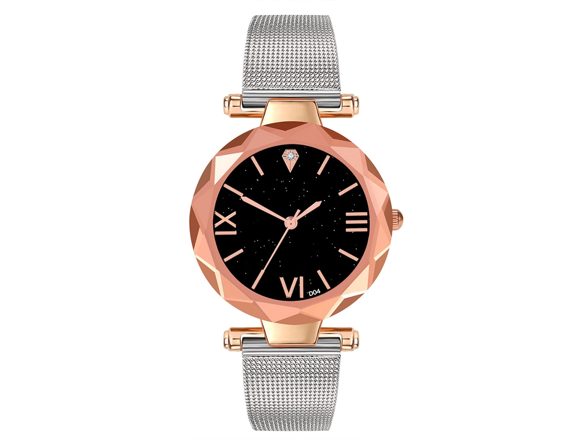 Relógio de Pulso Feminino Quartzo com Números Romanos e Dial Estrelado Prata