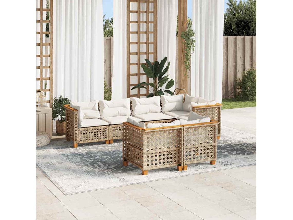 Vidaxl 7 Pcs Conjunto De Sofás P/ Jardim Com Almofadões Vime Pe Bege