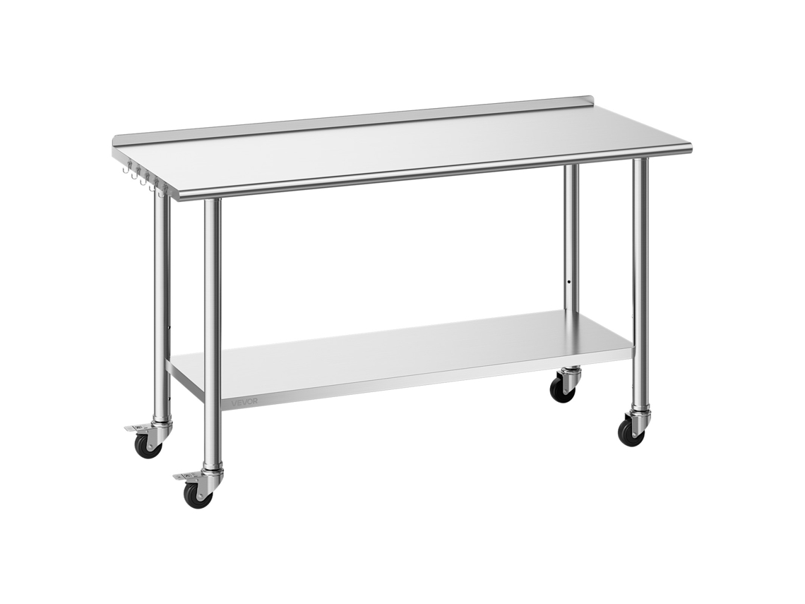 Mesa de Trabalho Vevor Em Aço Inoxidável, Com 2 Níveis E Rodas, 152,4 X 61 X 89,4 Cm