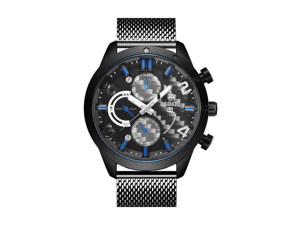 Relógio esportivo masculino Bagari, elegante e à prova d'água, com movimento de quartzo (preto/azul)