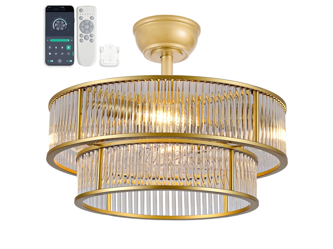 Ventilador De Teto Com Cristais 19 Polegadas, Barra Dupla, Pás Abs, Controlo Por Aplicação E Funcionamento Silencioso, Dourado