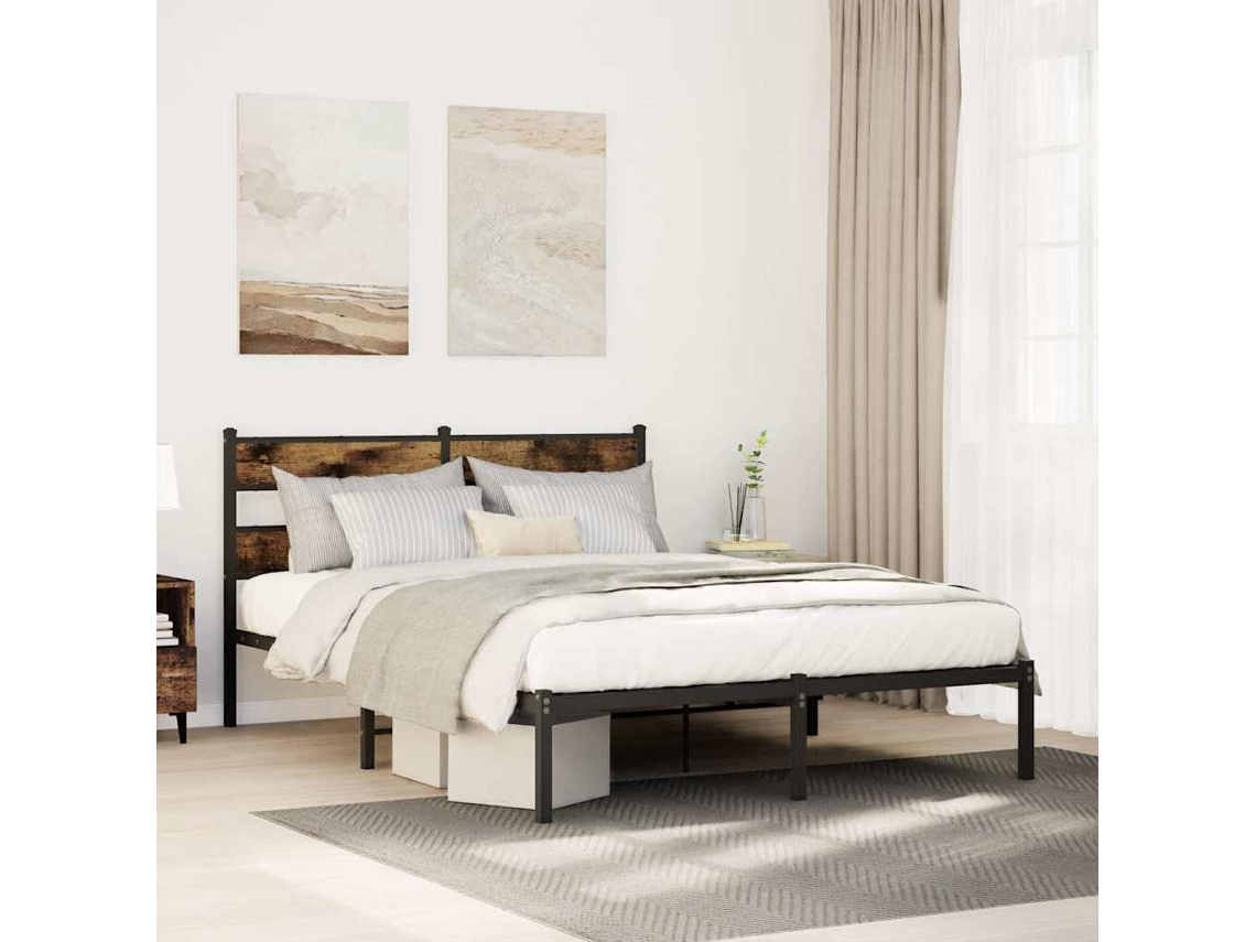 Estrutura De Cama Sem Colchão 140x190 Cm Metal Carvalho Fumado