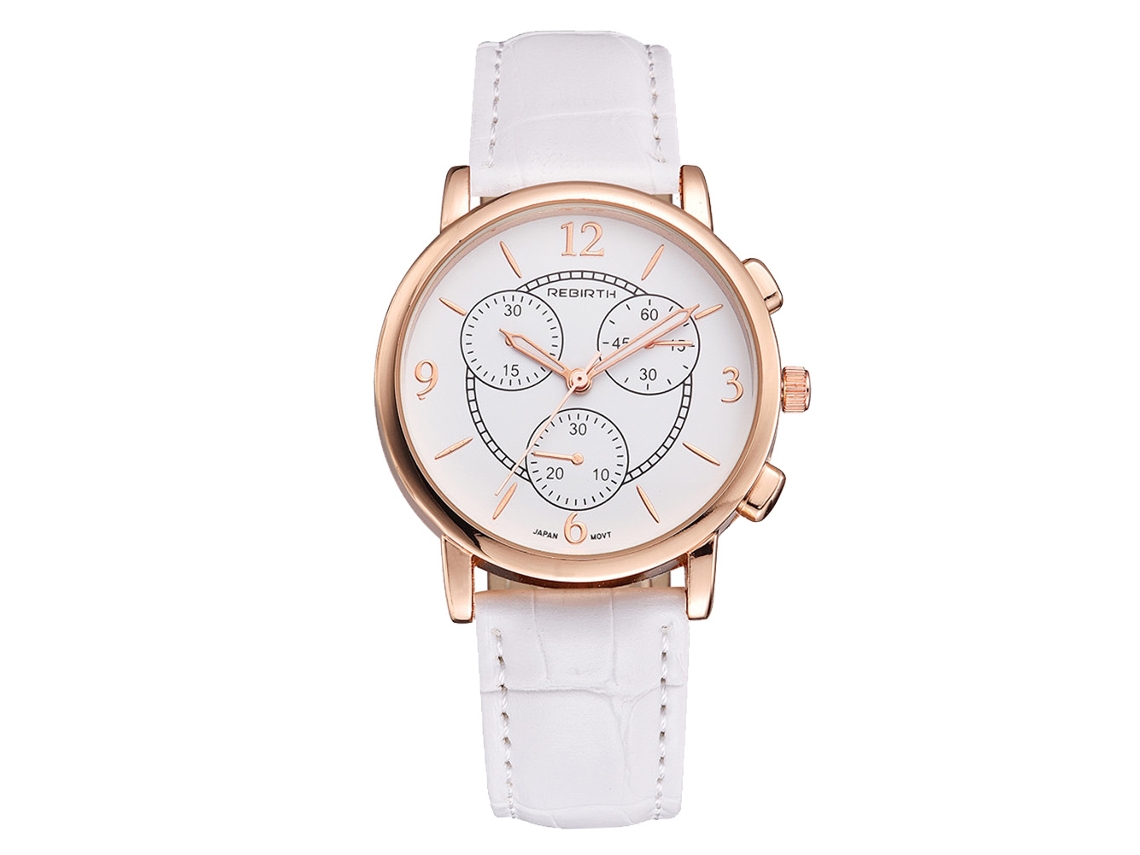 Rebirth Relógio Analógico de Quartzo com Pulseira de Couro Pu Aço Inox Branco