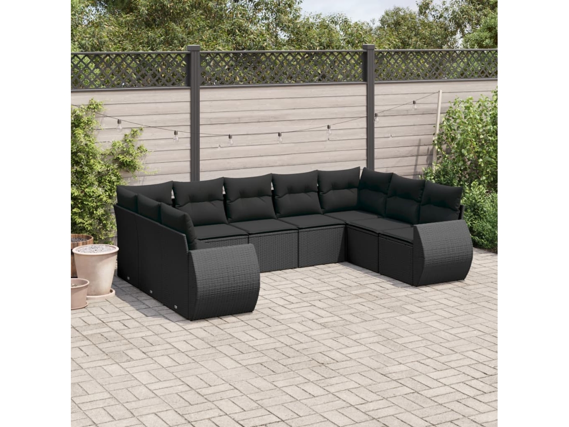 Vidaxl 9 Pcs Conjunto De Sofás P/ Jardim C/ Almofadões Vime Pe Preto