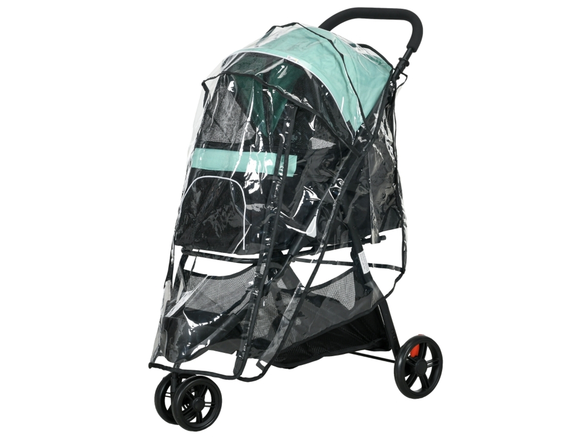 Carrinho com Capa Chuva e 2 Copos para Cães Azul Verde