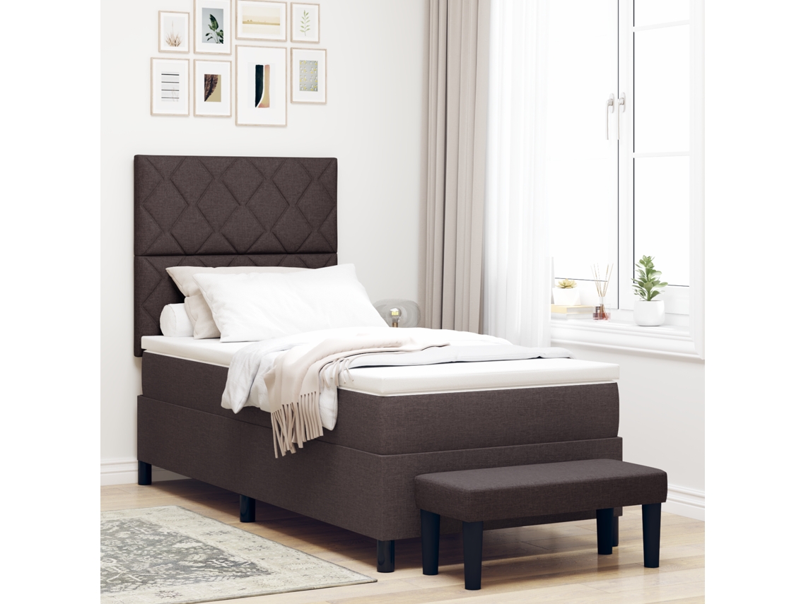 Cama Box Spring Com Colchão Banco Castanho Escuro 100x200 Cm Tecido