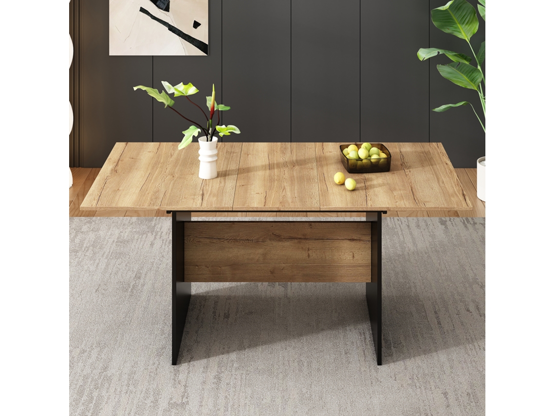 Mesa Extensível 140/180×80cm Tampo Veios De Madeira Estilo Minimalista Natural 4-6 Pessoas