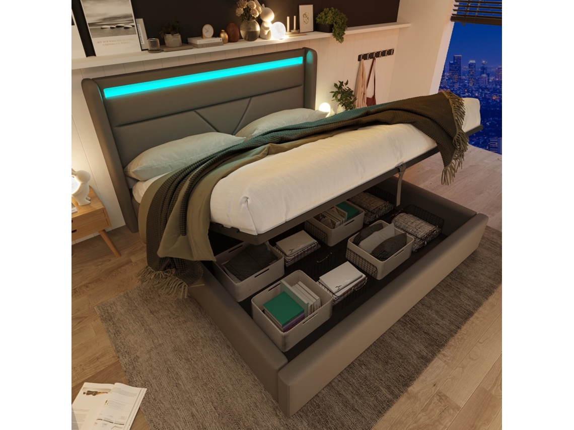 Cama 160x200 Cinza com Led e Controle