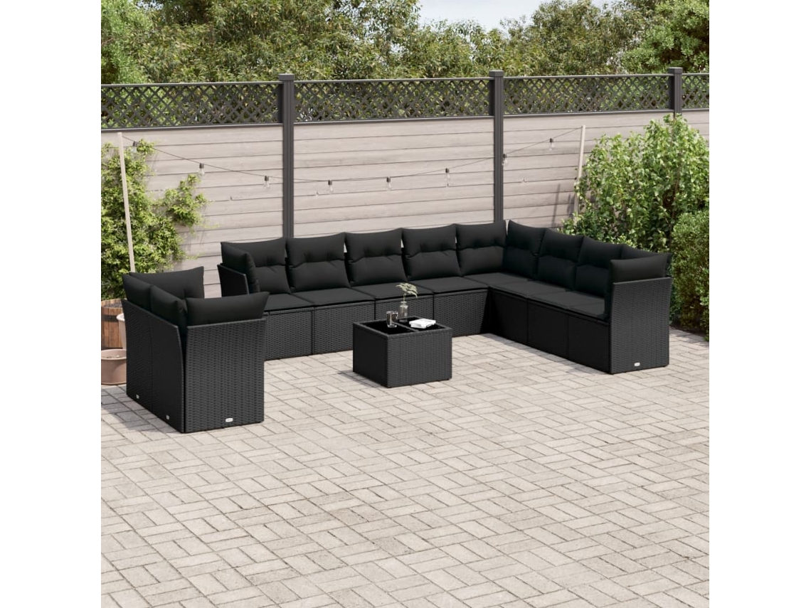 Vidaxl 11 Pcs Conjunto Sofás De Jardim C/ Almofadões Vime Pe Preto